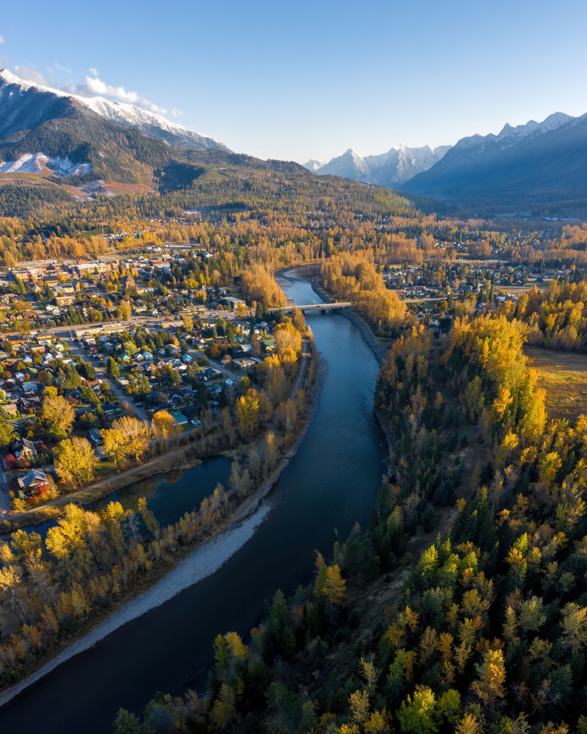 An aerial view of a river and roads in Fernie, BC