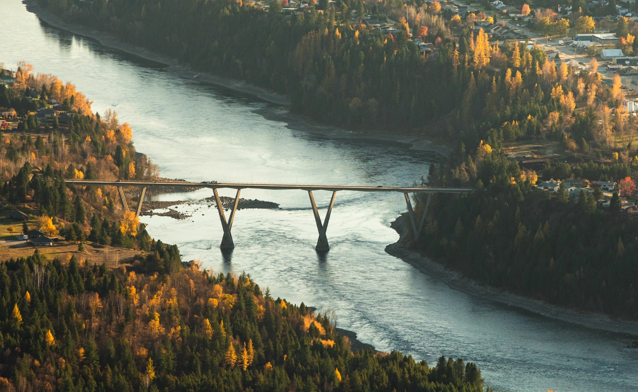 Overlooking a winding river crossed by a bridge, surrounded by thick forest and fall colours.