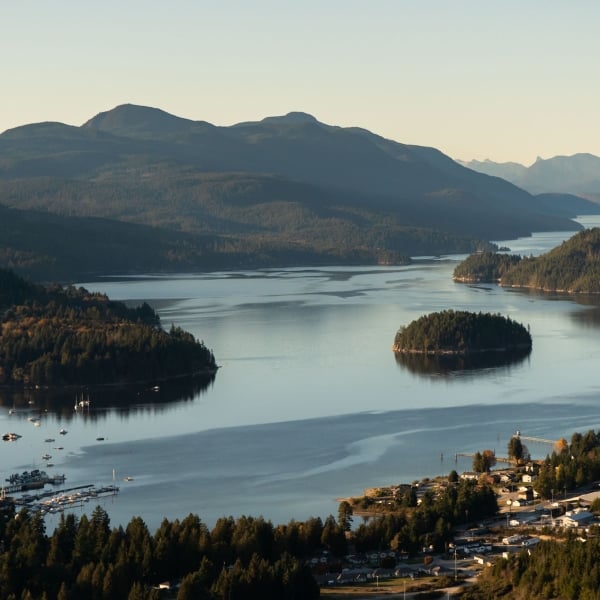 An aerial view of Sechelt at sunset.