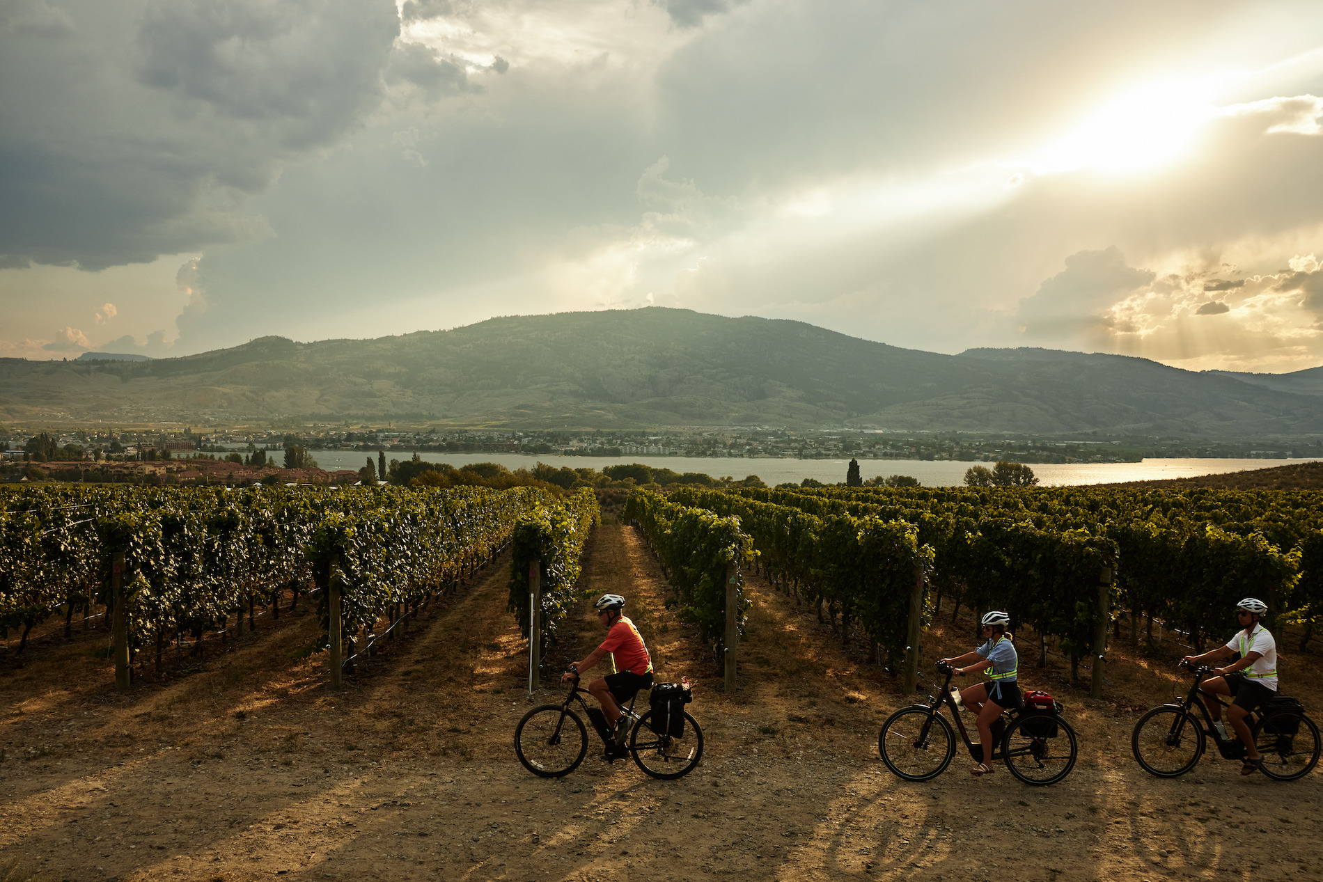 Friends taking an e-bike wine tasting tour in Osoyoos | Hubert Kang