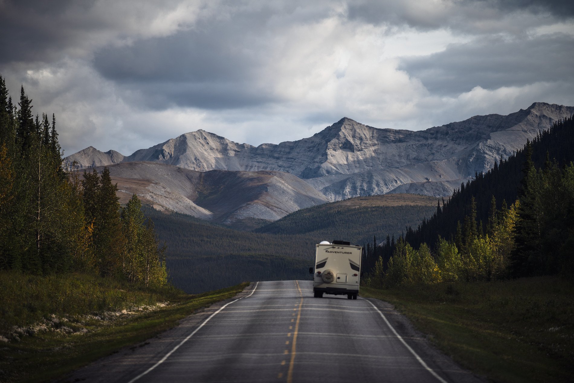 Driving the Alaska Highway through the Northern Rocky Mountains, BC.