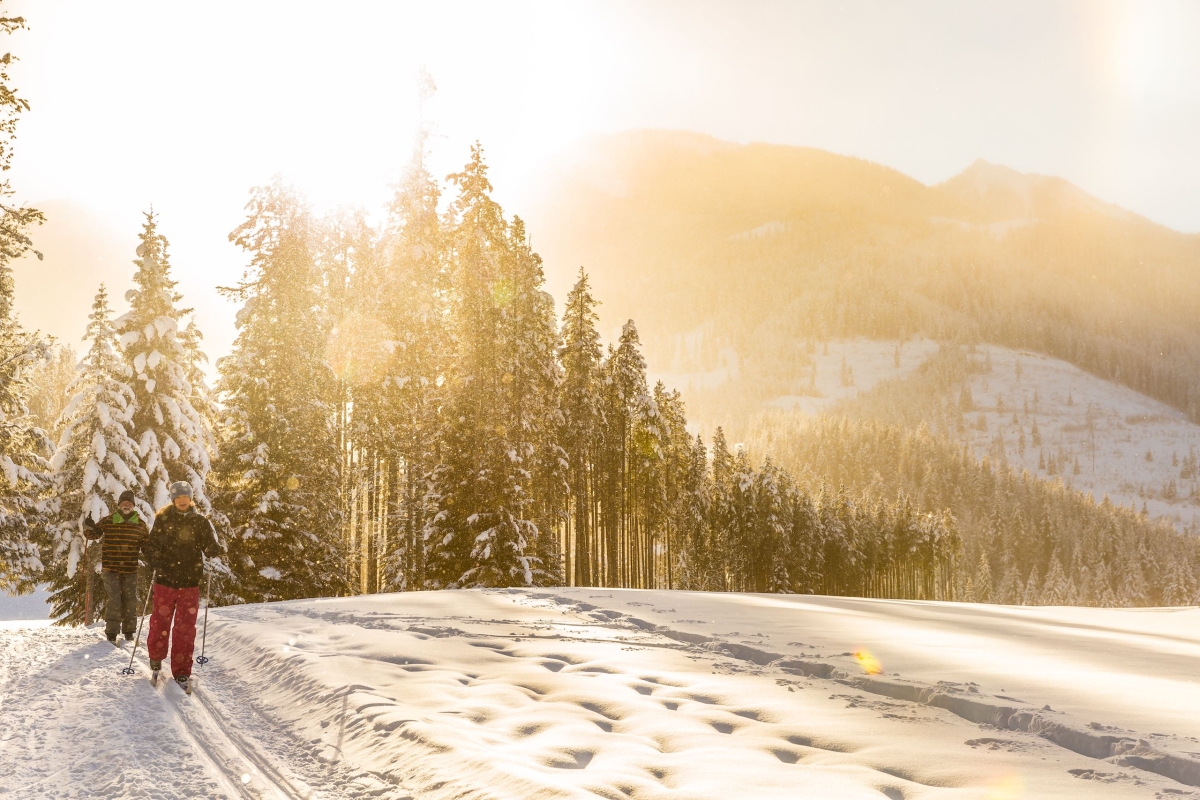 Two people cross country skiing at Panorama Mountain Resor