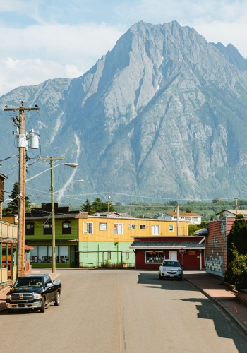 Downtown Hazelton with Roche de Boule mountain range in the background.
