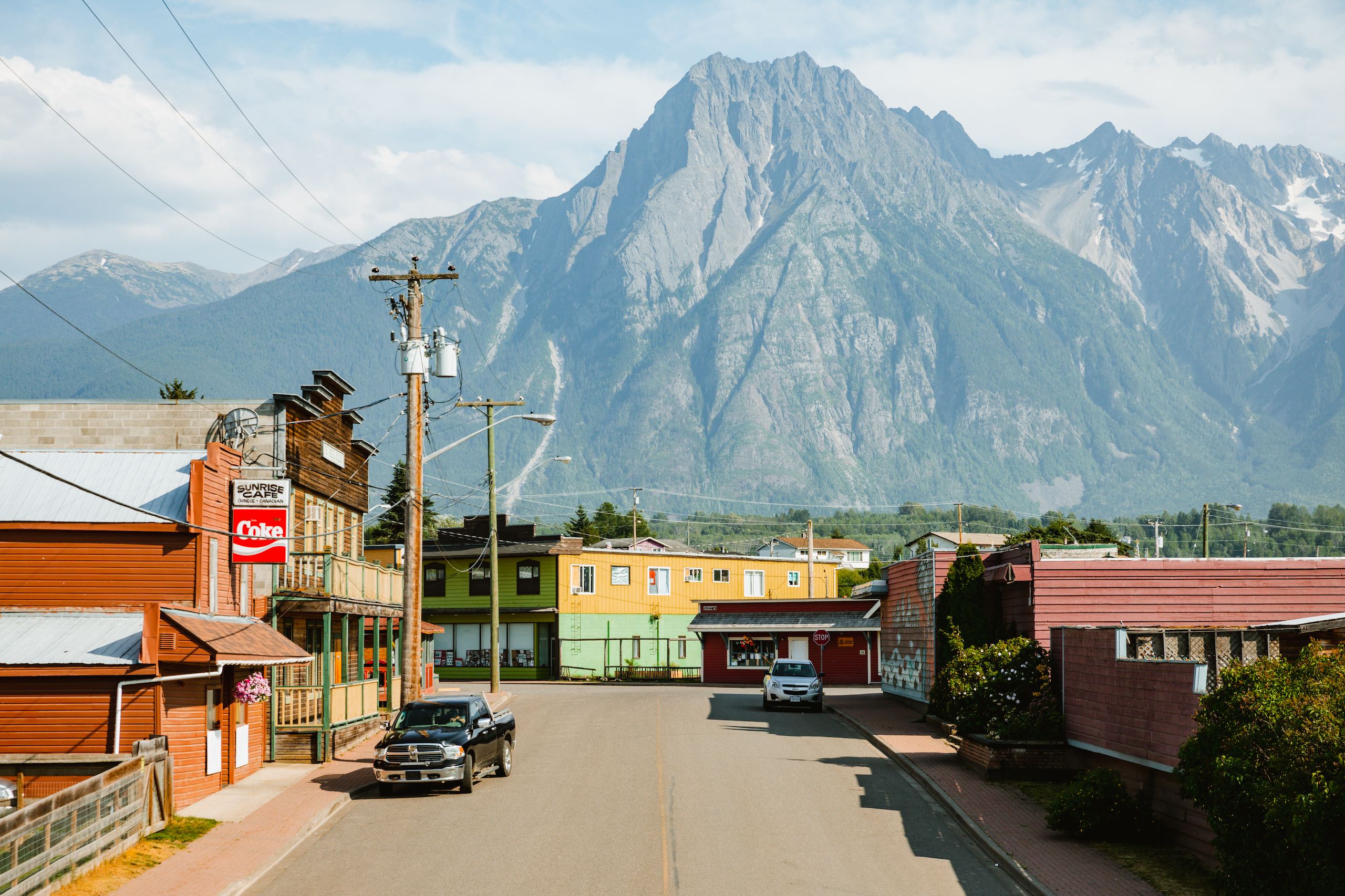Downtown Hazelton with Roche de Boule mountain range in the background.