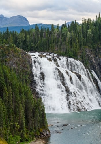 Aerial View over Kinuseo Falls in Monkman Provincial Park. The park is in Tumbler Ridge.
