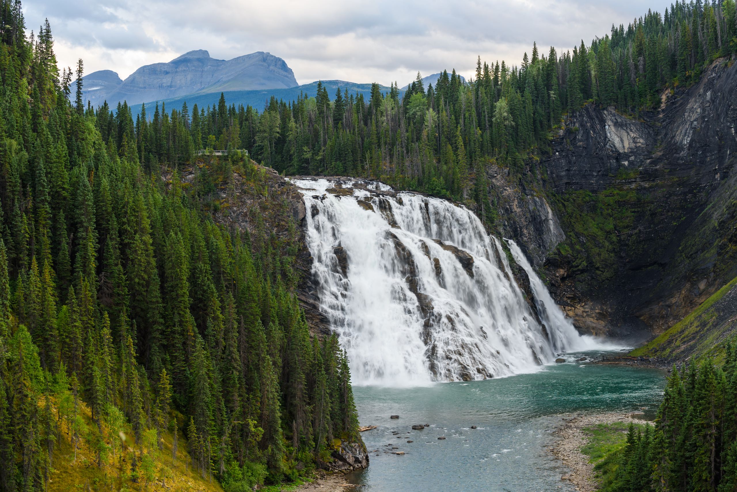 Aerial View over Kinuseo Falls in Monkman Provincial Park. The park is in Tumbler Ridge.