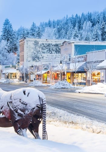 A snowy town at mid day