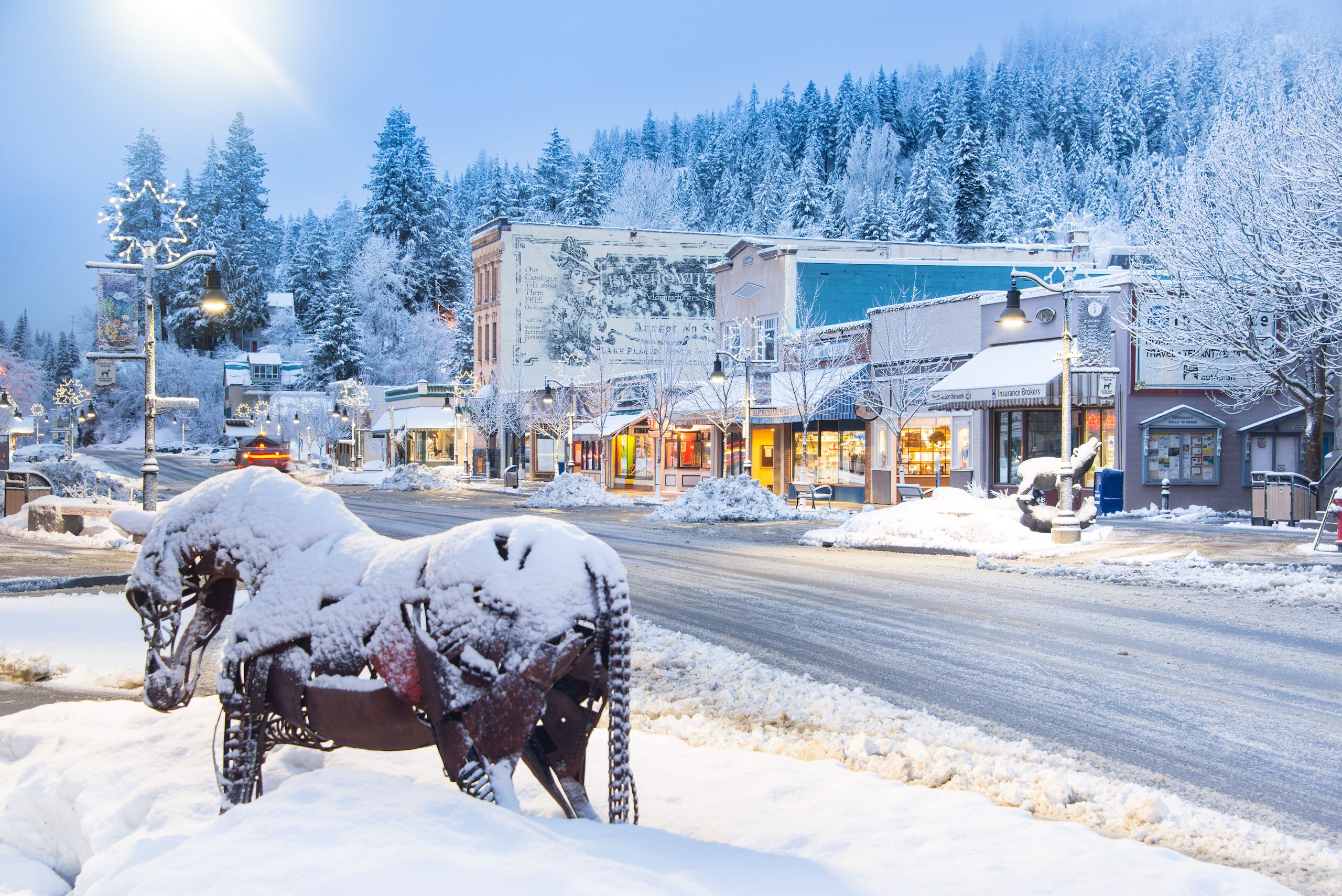 A snowy town at mid day