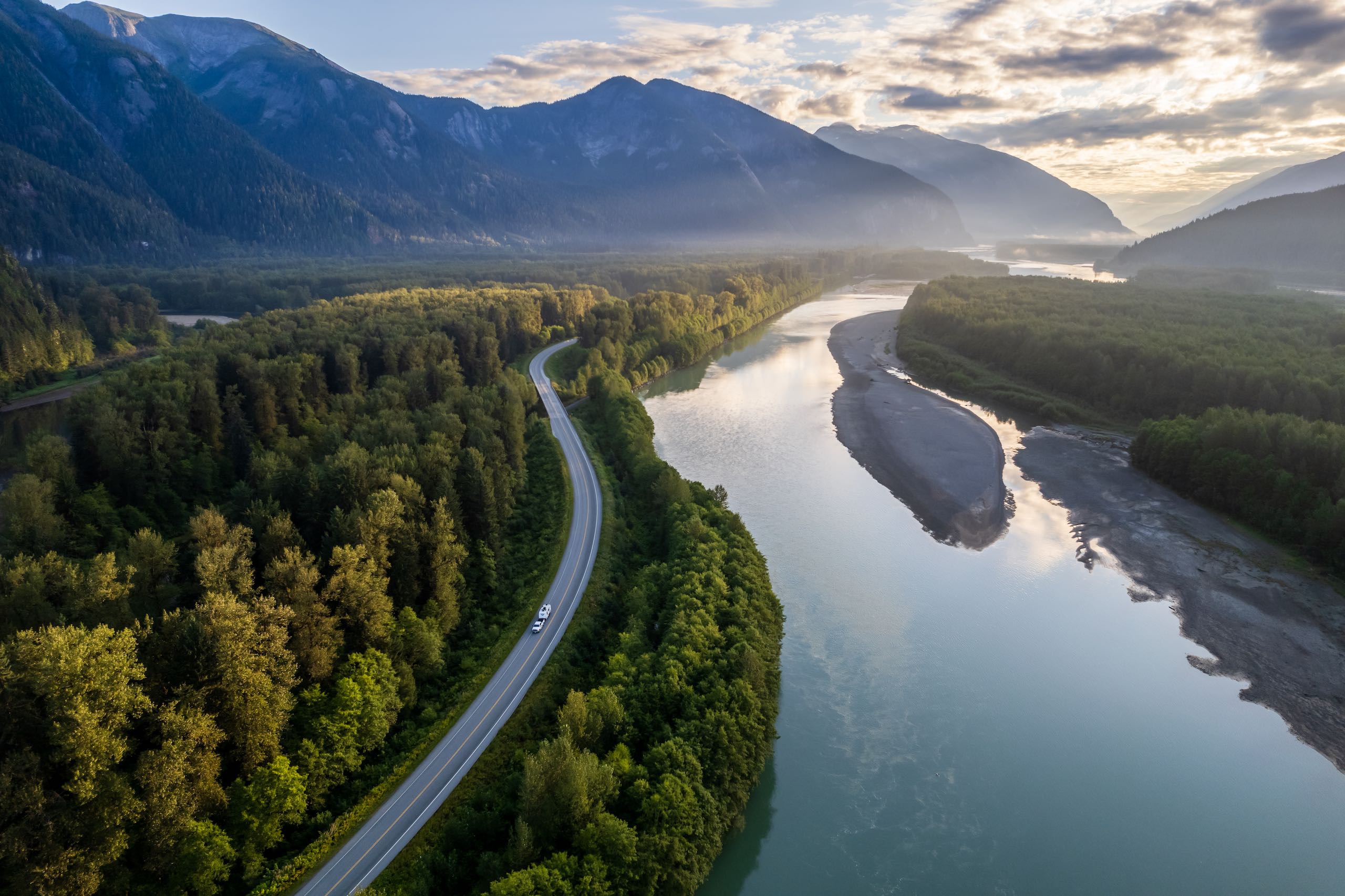 RV driving from Terrace to Prince Rupert on Highway 16, along the Skeena River.