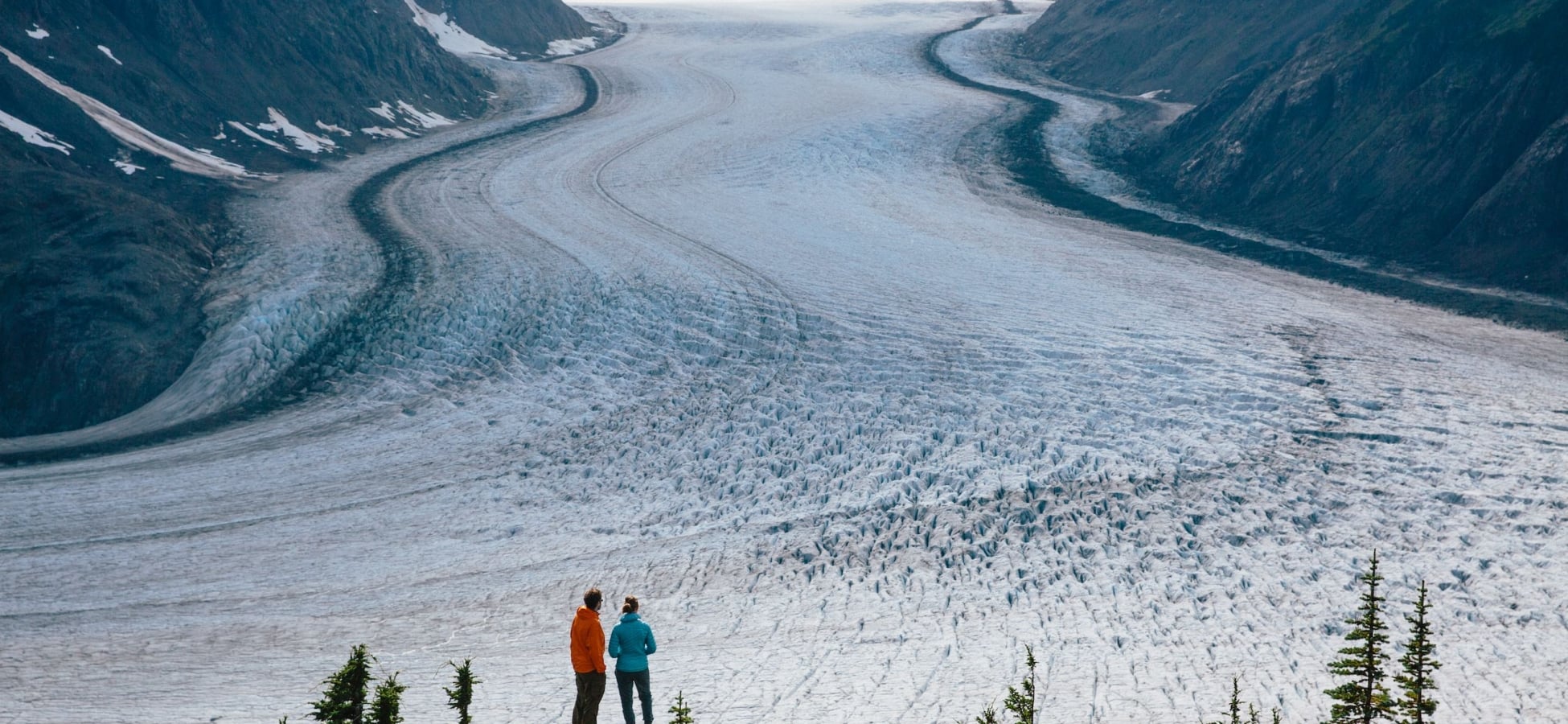 In the north, Salmon Glacier offers a rare view of active ice, seen from a roadside lookout.