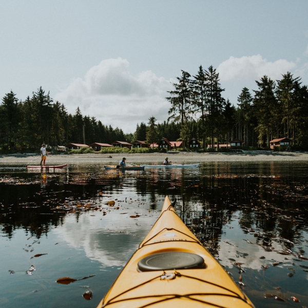 People canoeing on a lake