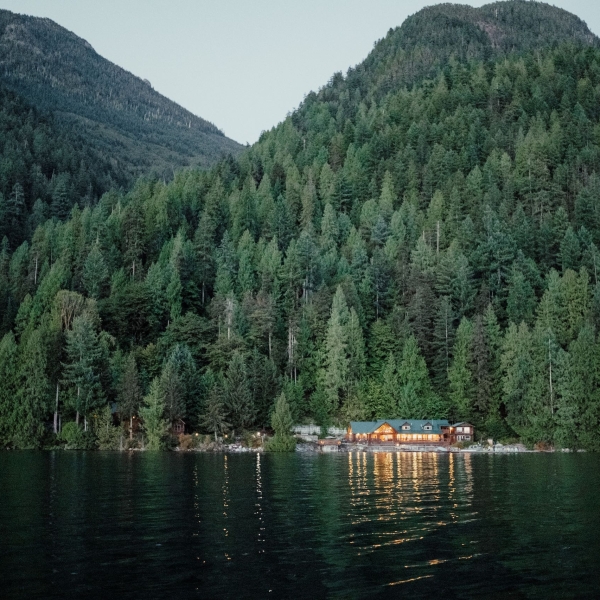 Klahoose Wilderness Resort from across the Homfray Channel