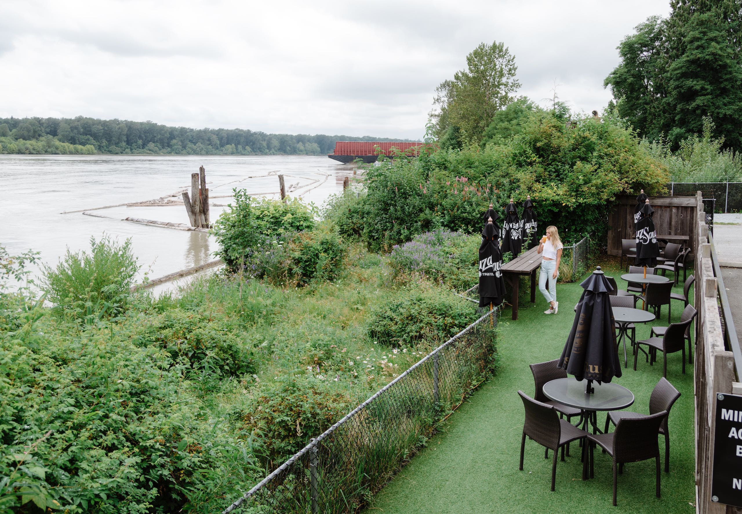 A person is standing at an outdoor patio on the waterfront filled with green shrubs and trees on an overcast day.