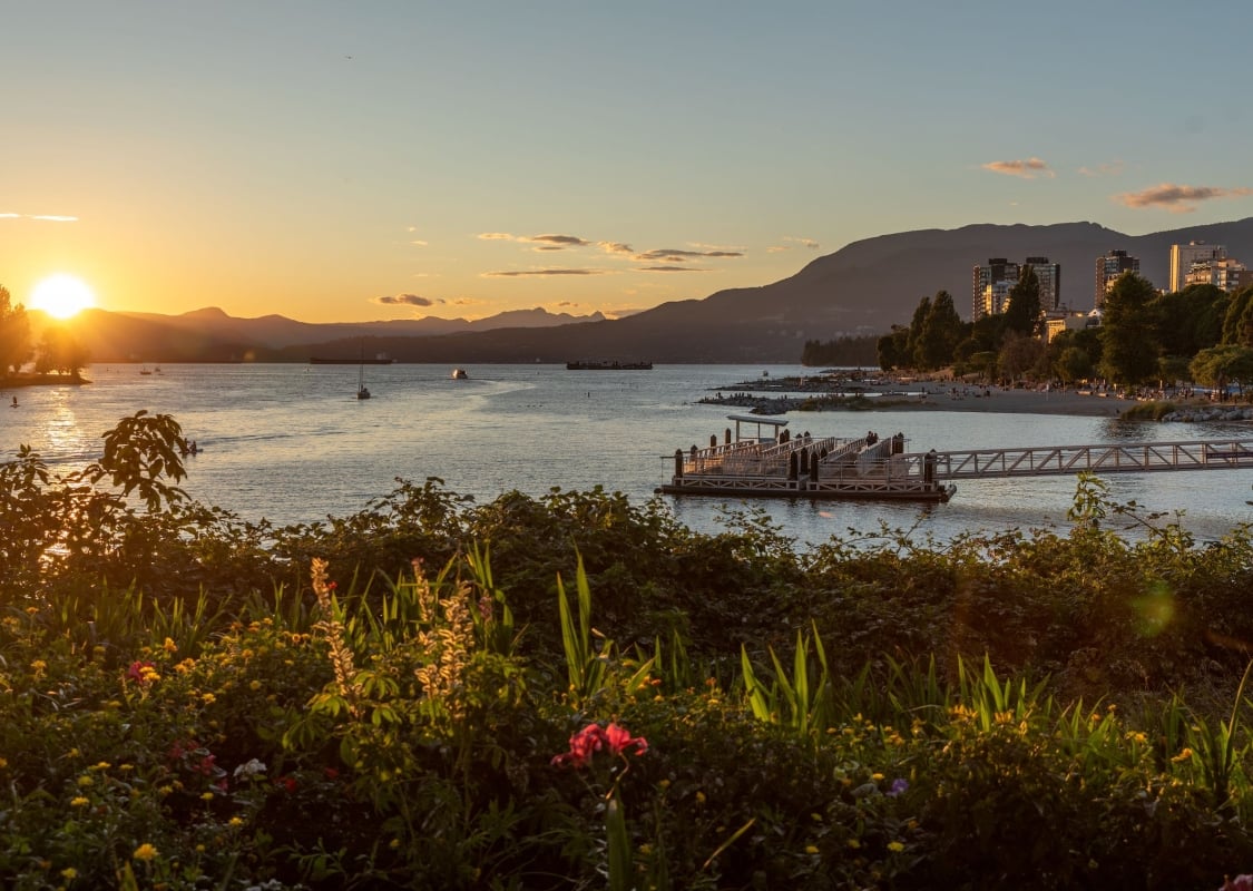 An aerial view over Sunset Beach Park in Vancouver.