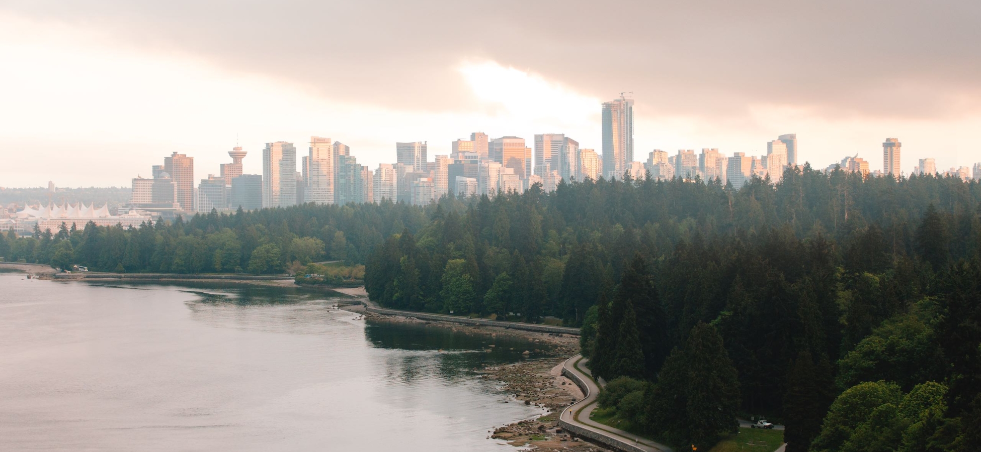 Stanley Park, seawall and Vancouver skyline from Lions Gate bridge