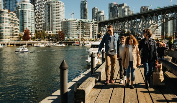 Family walking outside at Granville Island