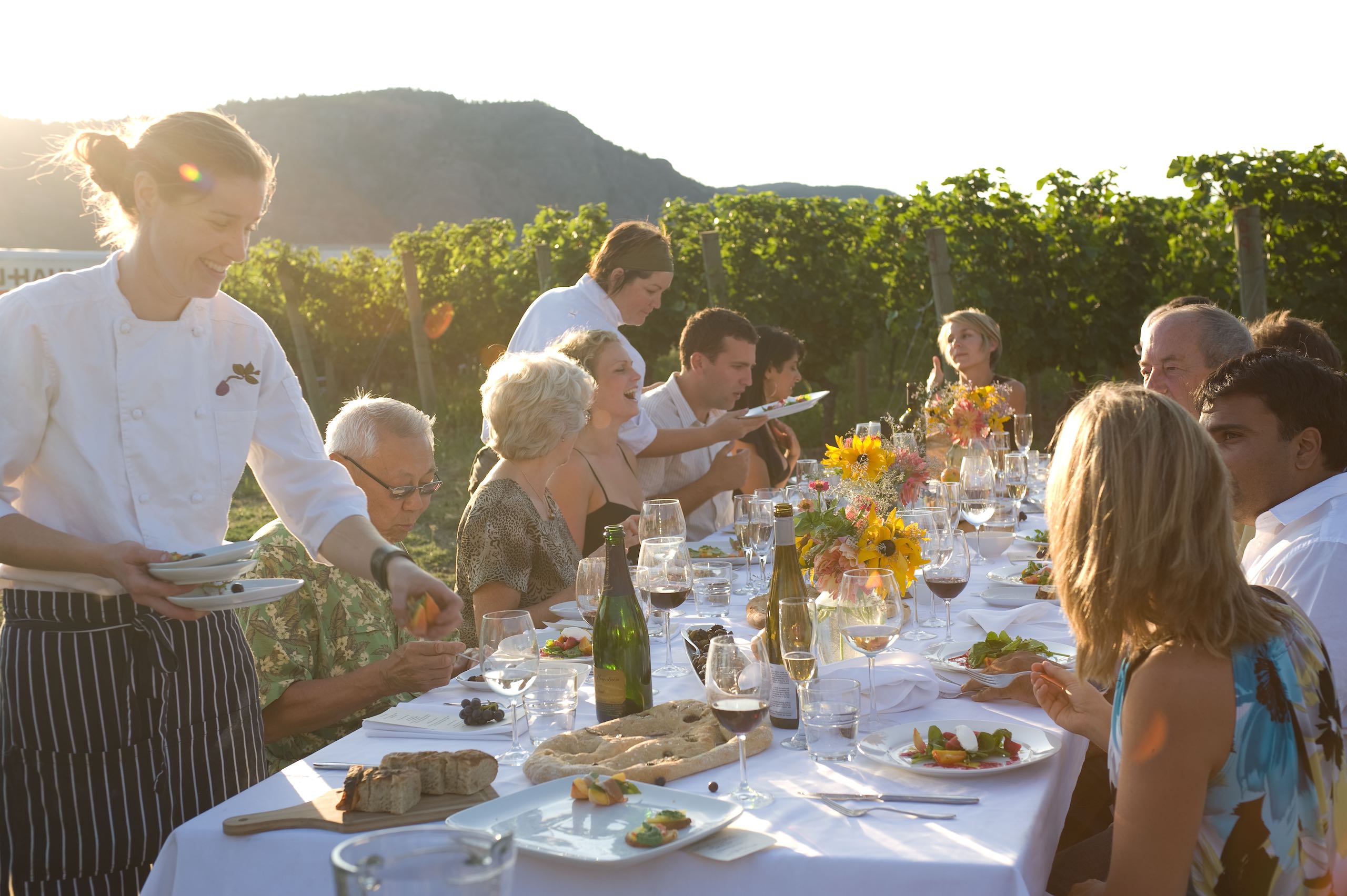 A group of people dining in the vineyard at Blue Mountain Vineyard and Cellars near Okanagan Falls.