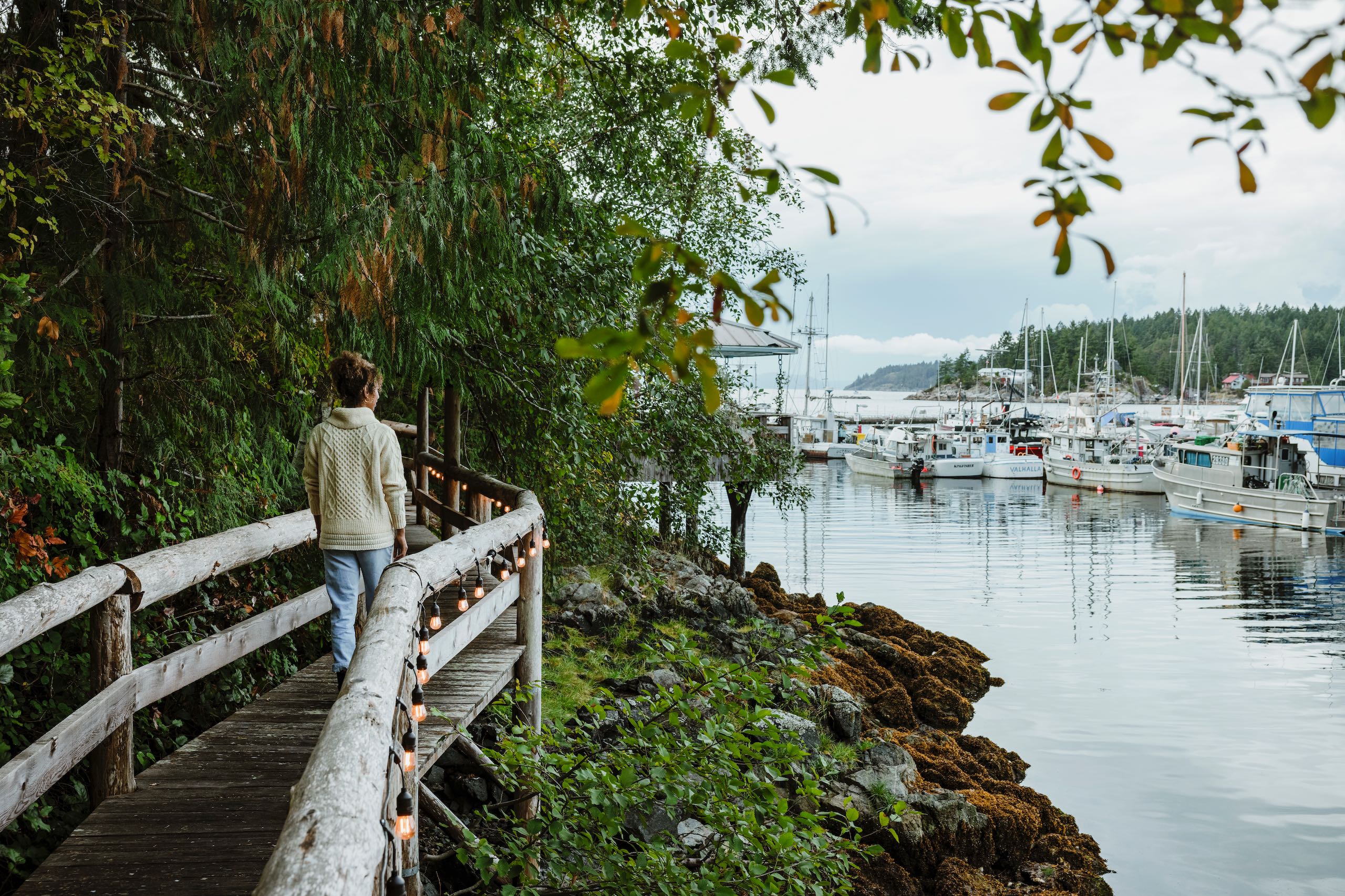 Enjoying a walk along the Lund harbour boardwalk between The Boardwalk Restaurant and Lund Harbour House
