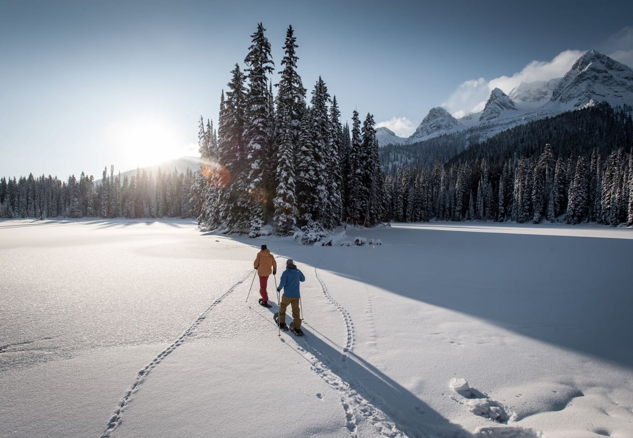 Two people snowshoeing in old growth forest at Island Lake Lodge