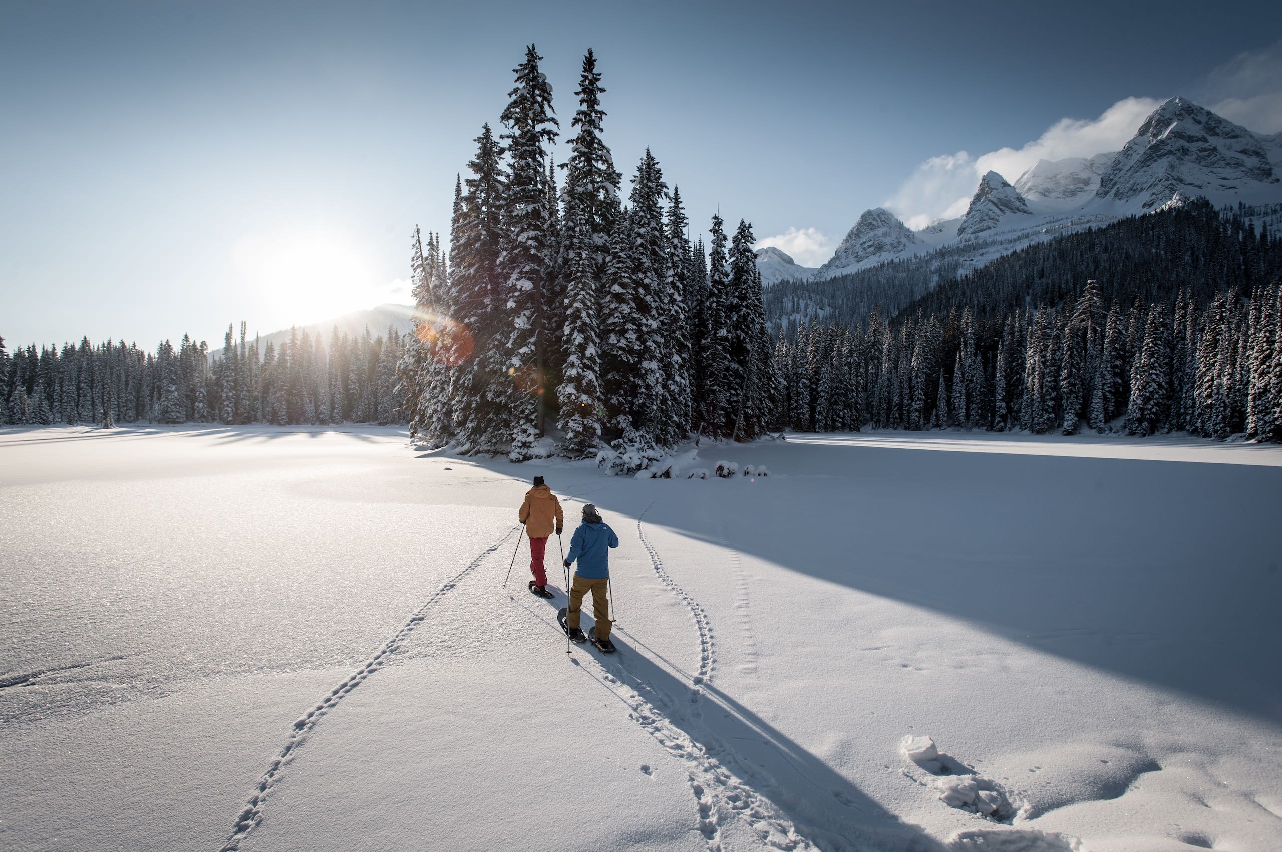 Two people snowshoeing in old growth forest at Island Lake Lodge