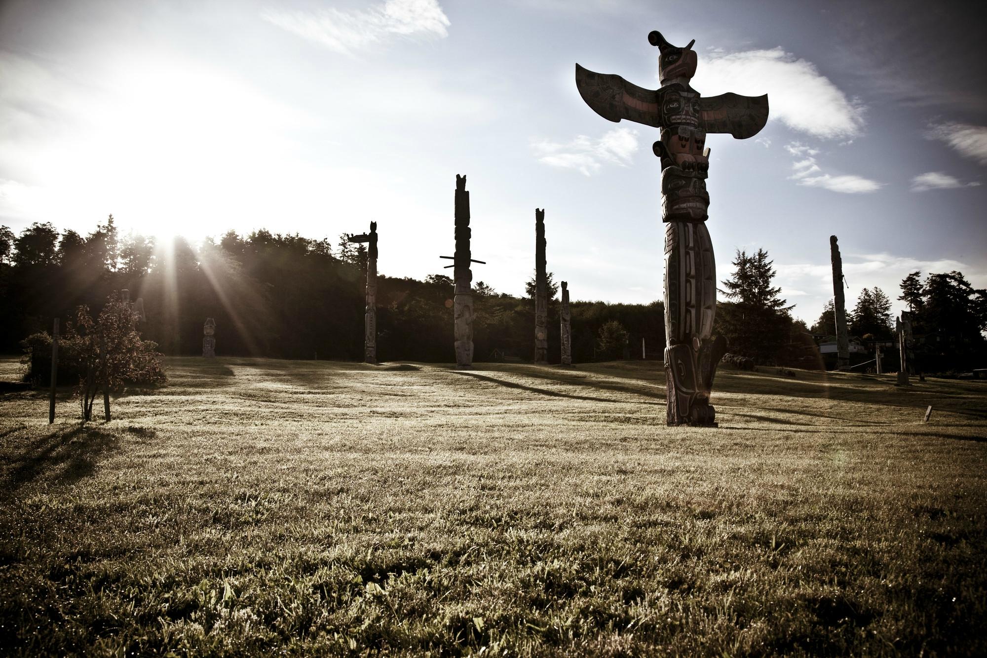Totem poles in a field