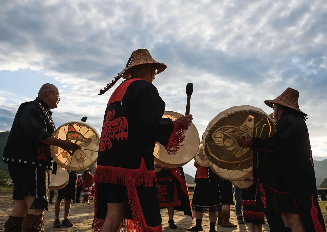 The Gitmaxmak'ay Nisga'a Dancers and the Wii Gisigwilgwelk (Big Northern Lights) Dancers at the Cassiar Cannery in Port Edward