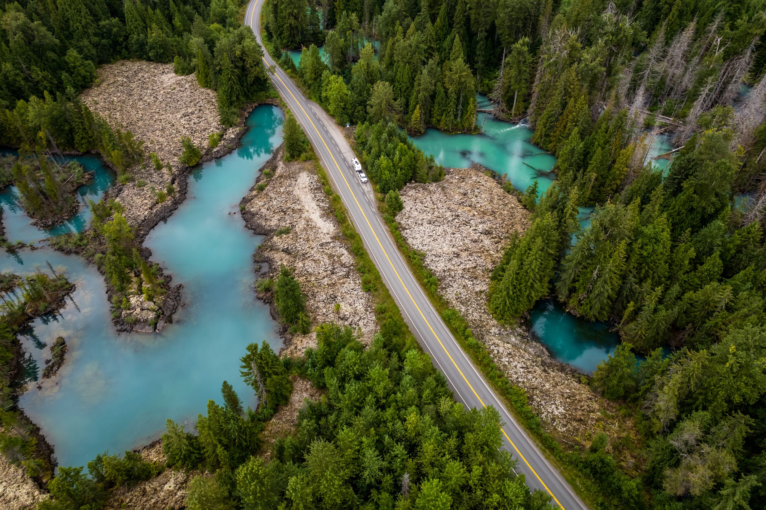 RV parked at the Drowned Forest in Nisga'a Memorial Lava Bed Provincial Park.
