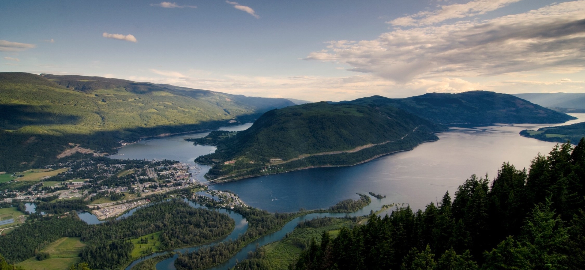 View of Sicamous, Shuswap Lake and Mara Lake from Sicamous Lookout.