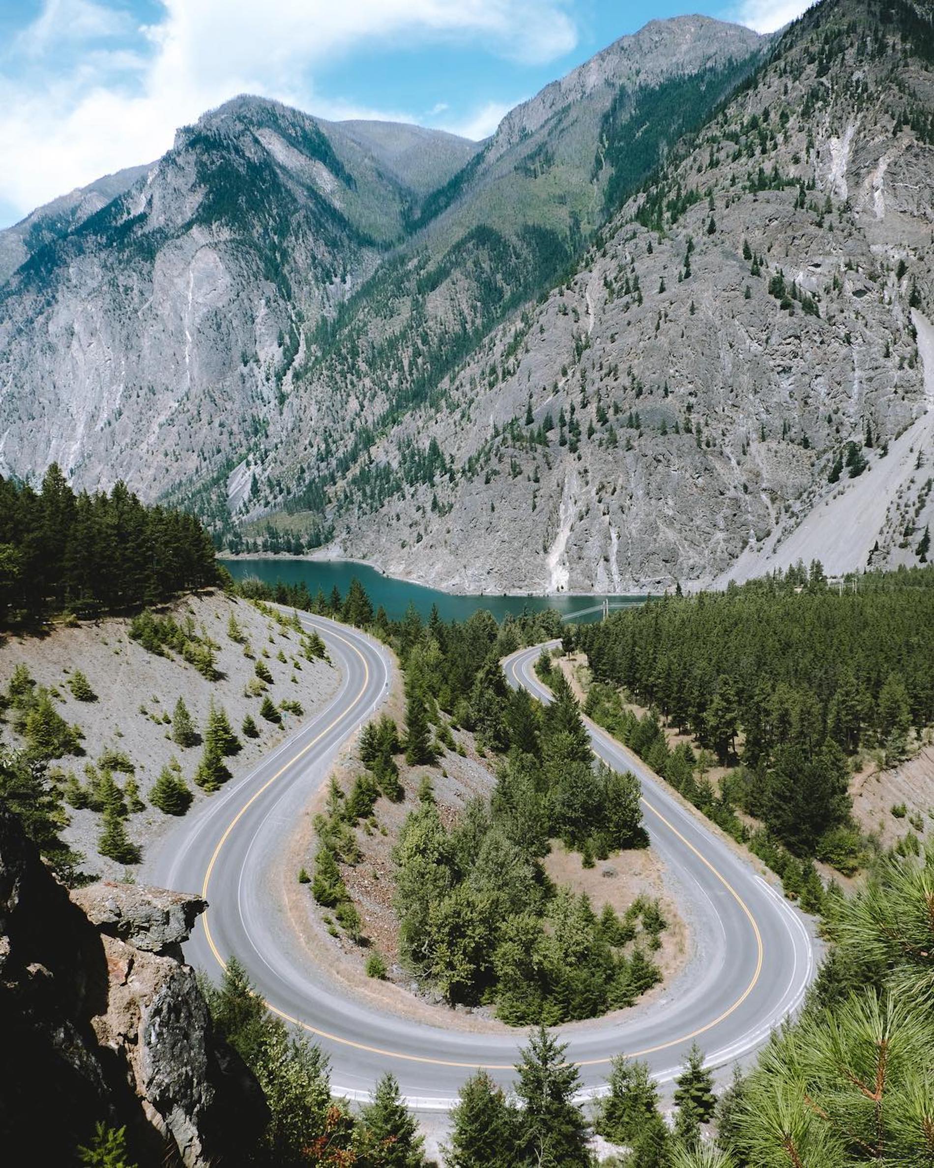 aerial view of a road by a river in Lillooet