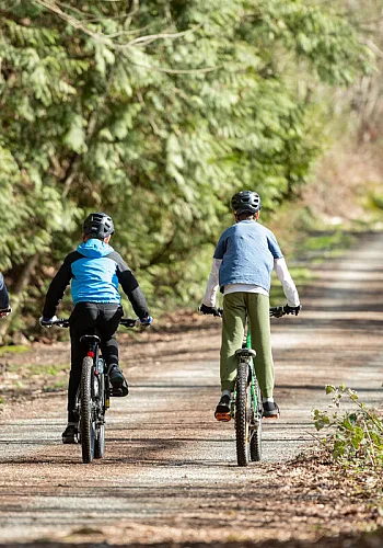 Tres personas montando bicicletas de montaña en el sendero para bicicletas Watershed Park en Delta.