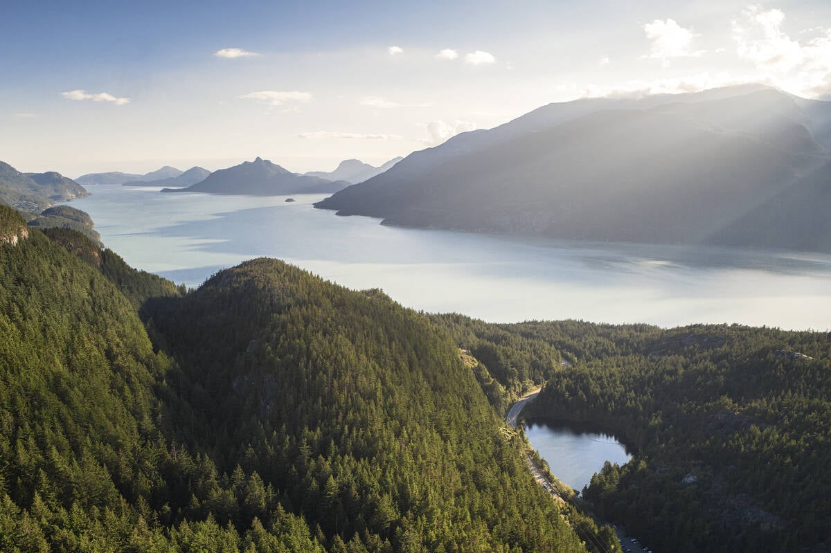 Aerial view overlooking Murrin Provincial Park, the Sea to Sky Highway, and Howe Sound.