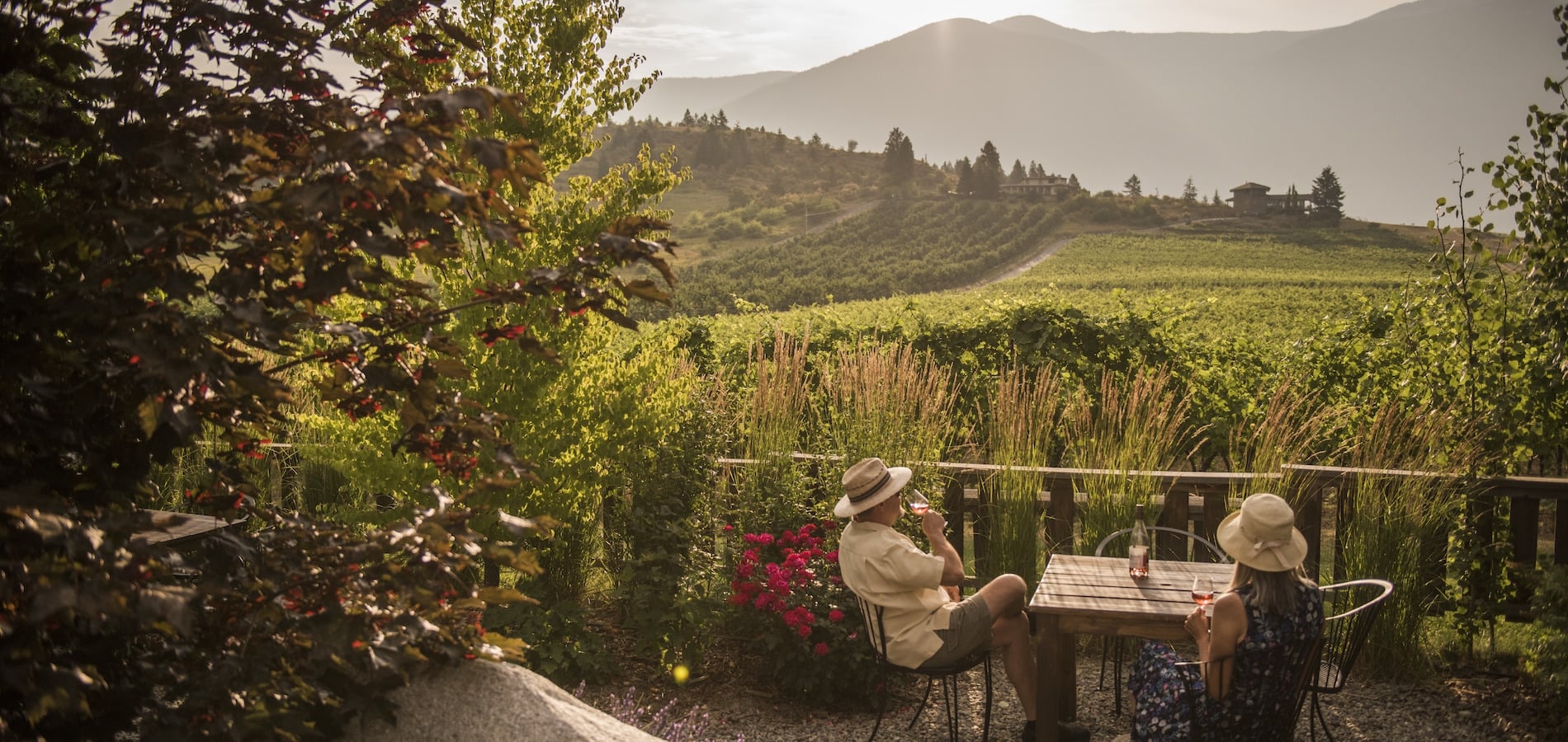 Zwei Menschen sitzen auf einer Terrasse mit Blick auf ein Weingut an einem Tisch.