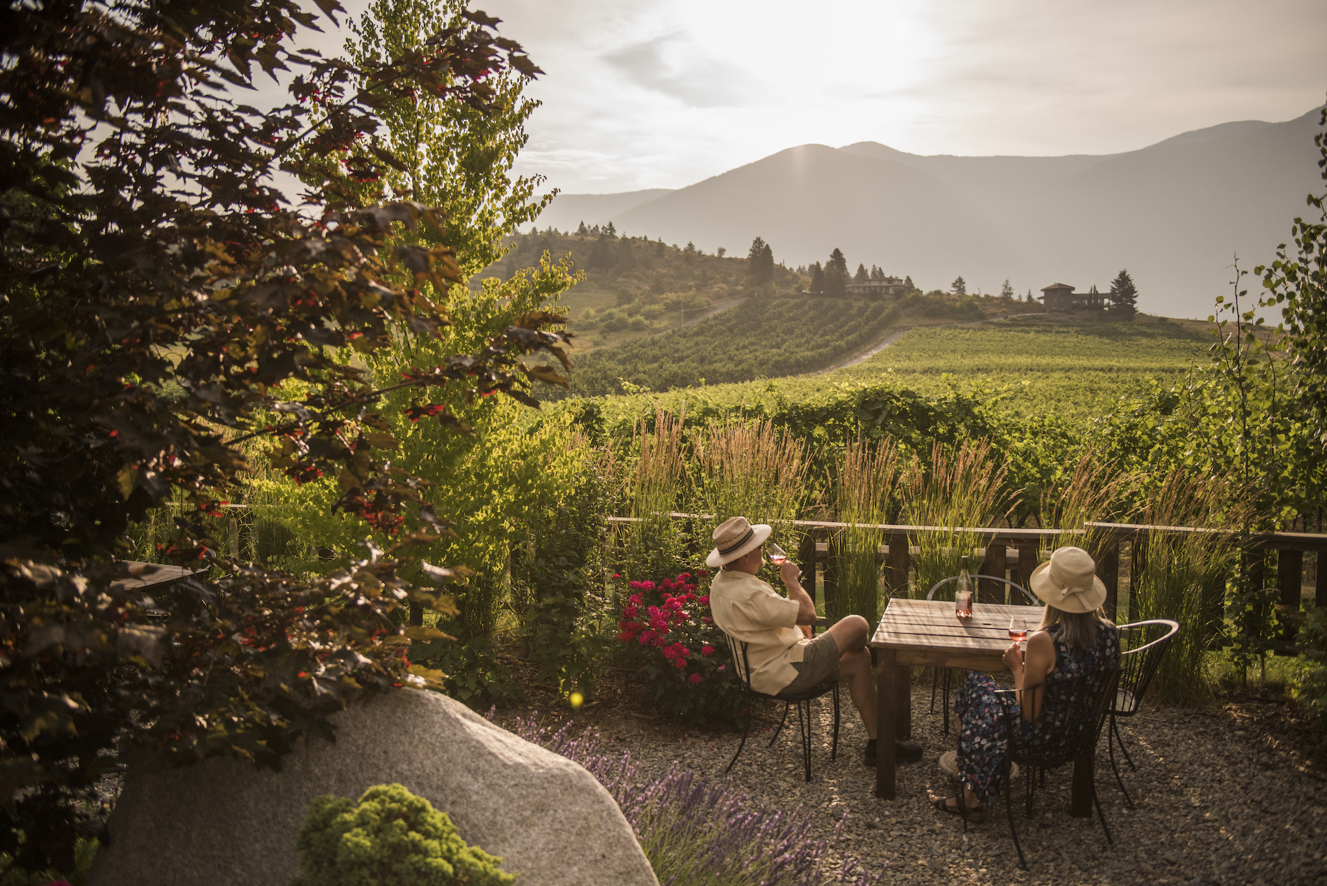 Two people sitting on a patio looking over a winery at a table.