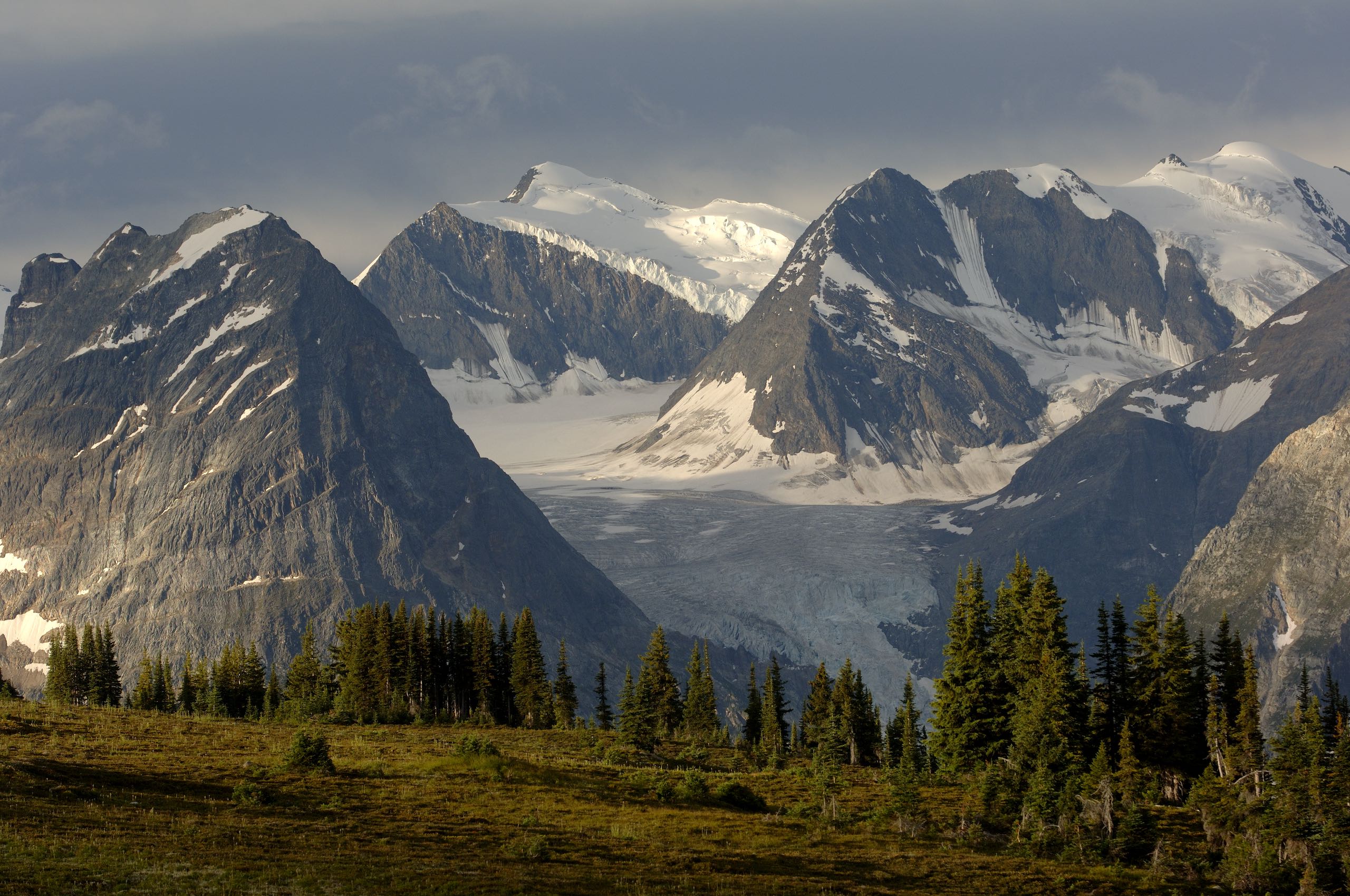 View of glaciers and mountain peaks in Glacier National Park.