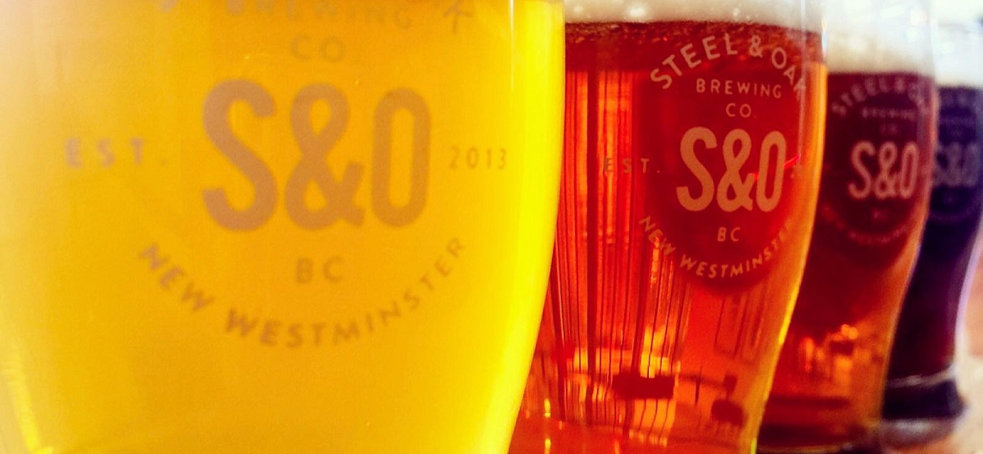 A row of various pints of beer ranging from light yellow to dark amber.