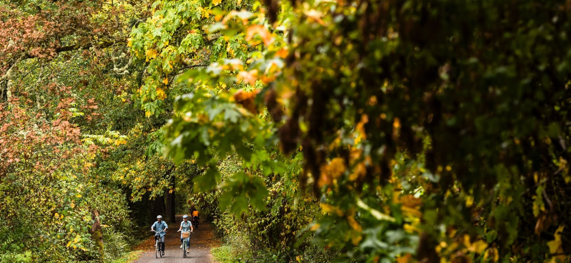 Dos personas andando en bicicleta en el Galloping Goose Trail en Victoria