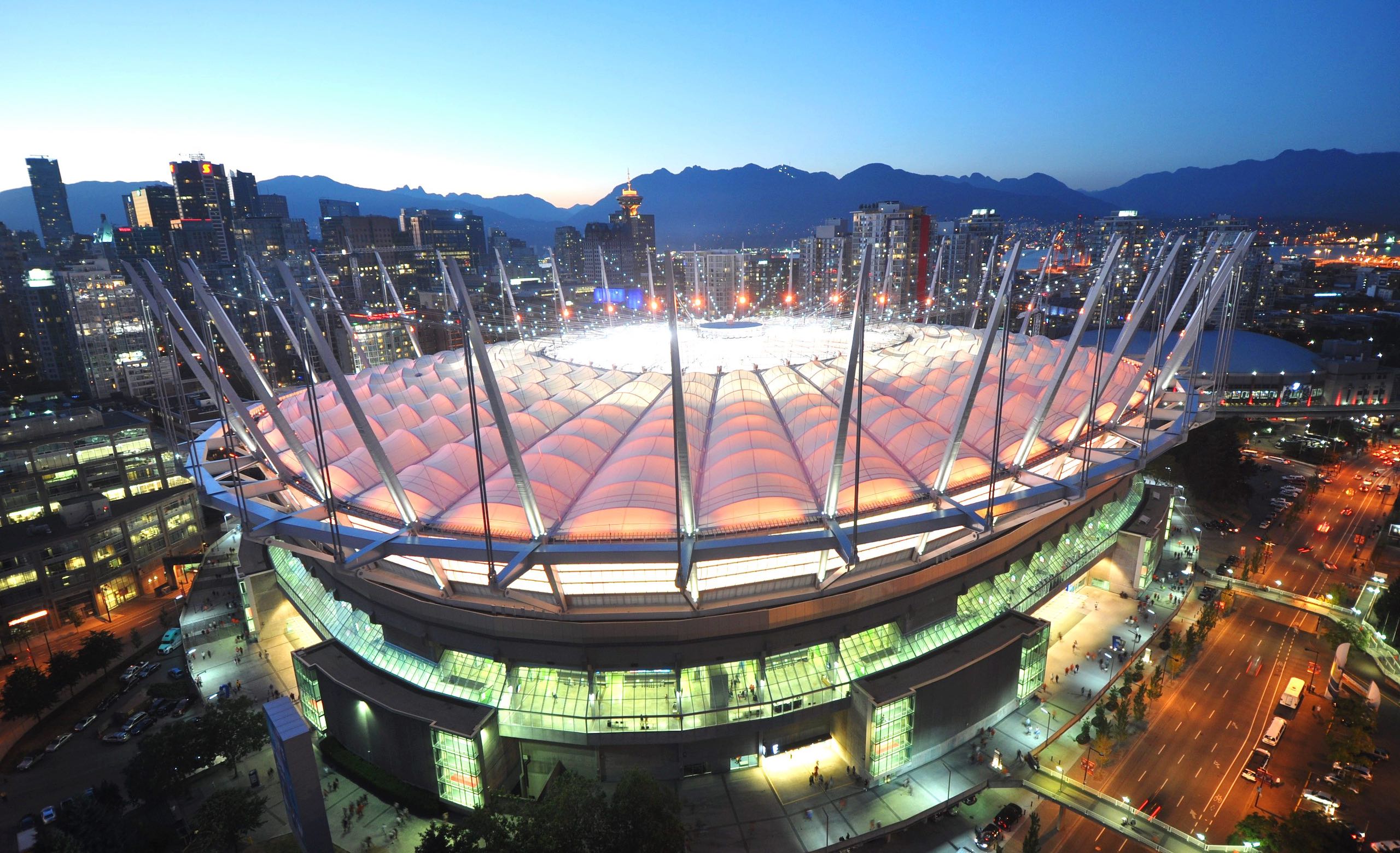 BC Place at night. Close up of rooftop