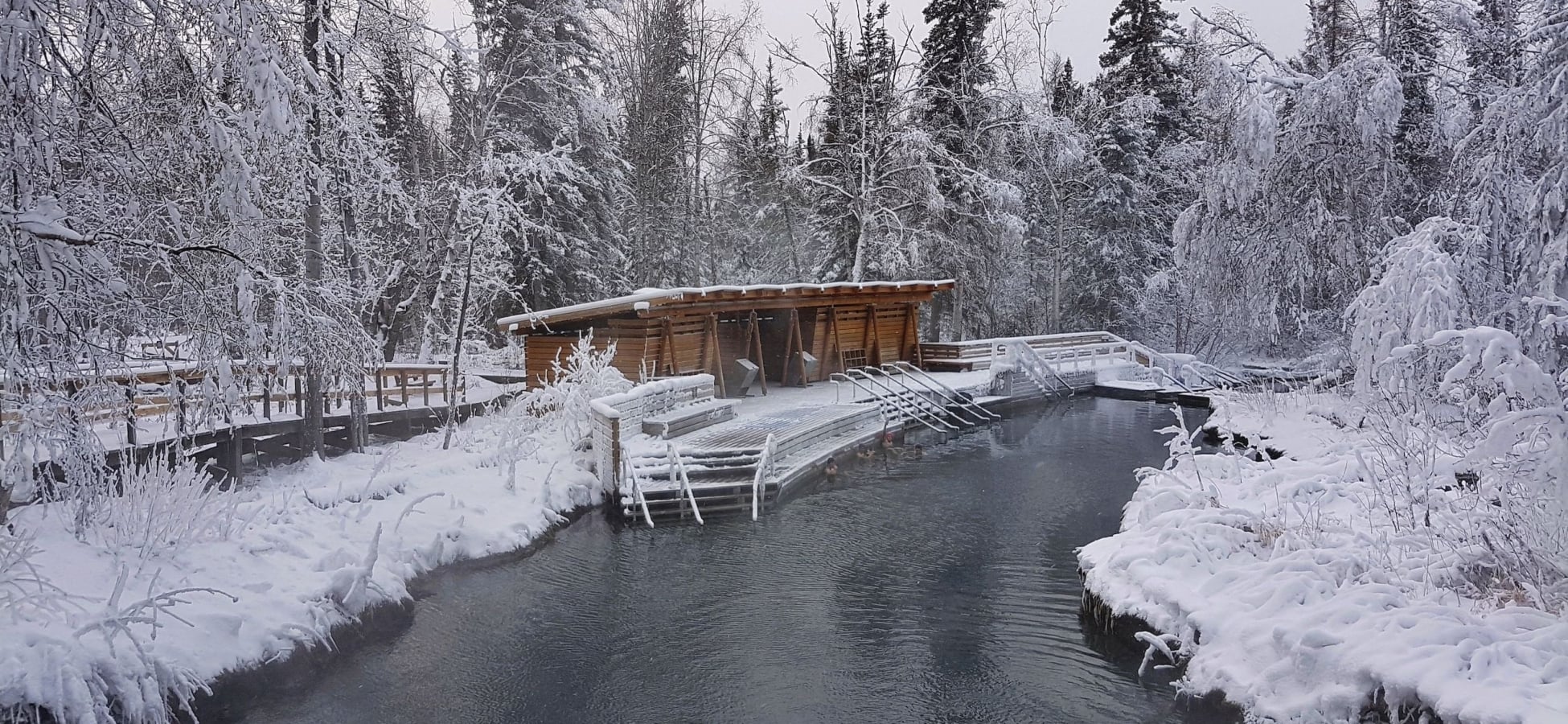 Hot springs at Liard River Hot Springs Provincial Park in winter.