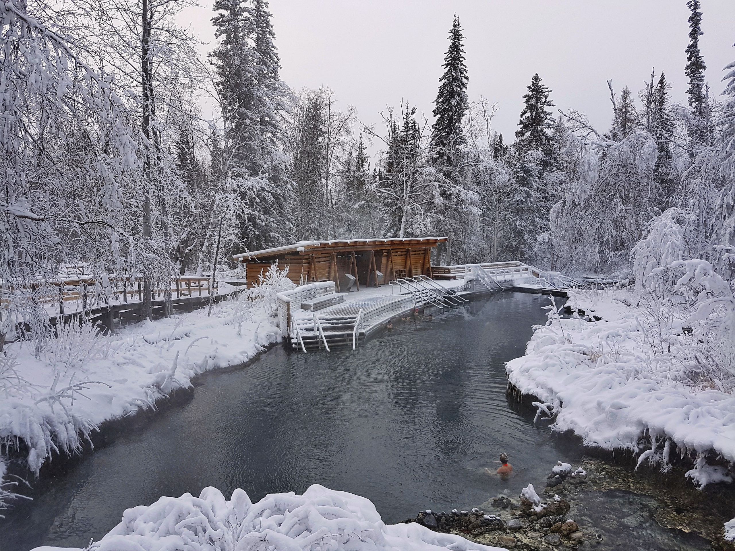 Hot springs at Liard River Hot Springs Provincial Park in winter.