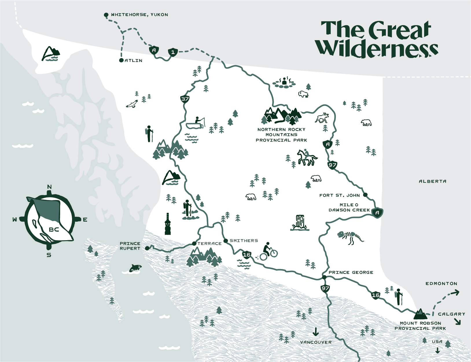 The Great Wilderness map highlighted with things to do