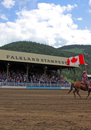 A person riding a horse at the Falkland Stampede