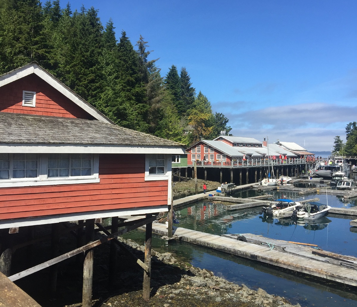 Various buildings on a dock next to docked boats