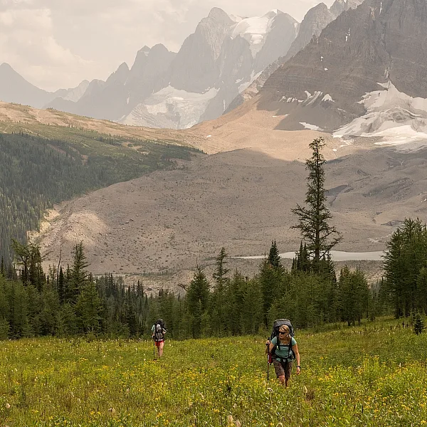 Two people with big backpacks walk toward the camera through a grassy field. Behind them is a ring of evergreen trees, and beyond those are rugged mountain peaks and glaciers.