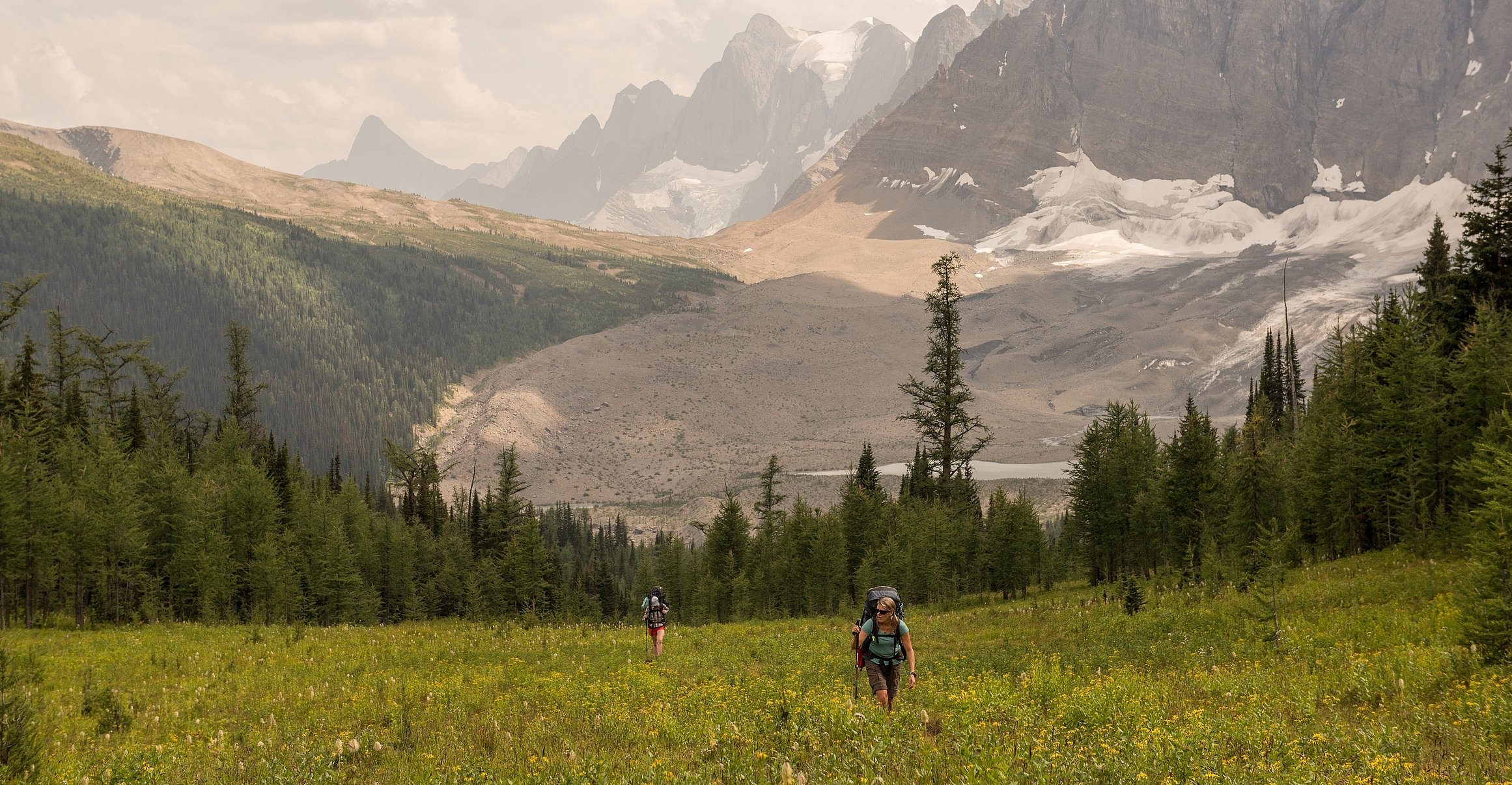 Two people with big backpacks walk toward the camera through a grassy field. Behind them is a ring of evergreen trees, and beyond those are rugged mountain peaks and glaciers.