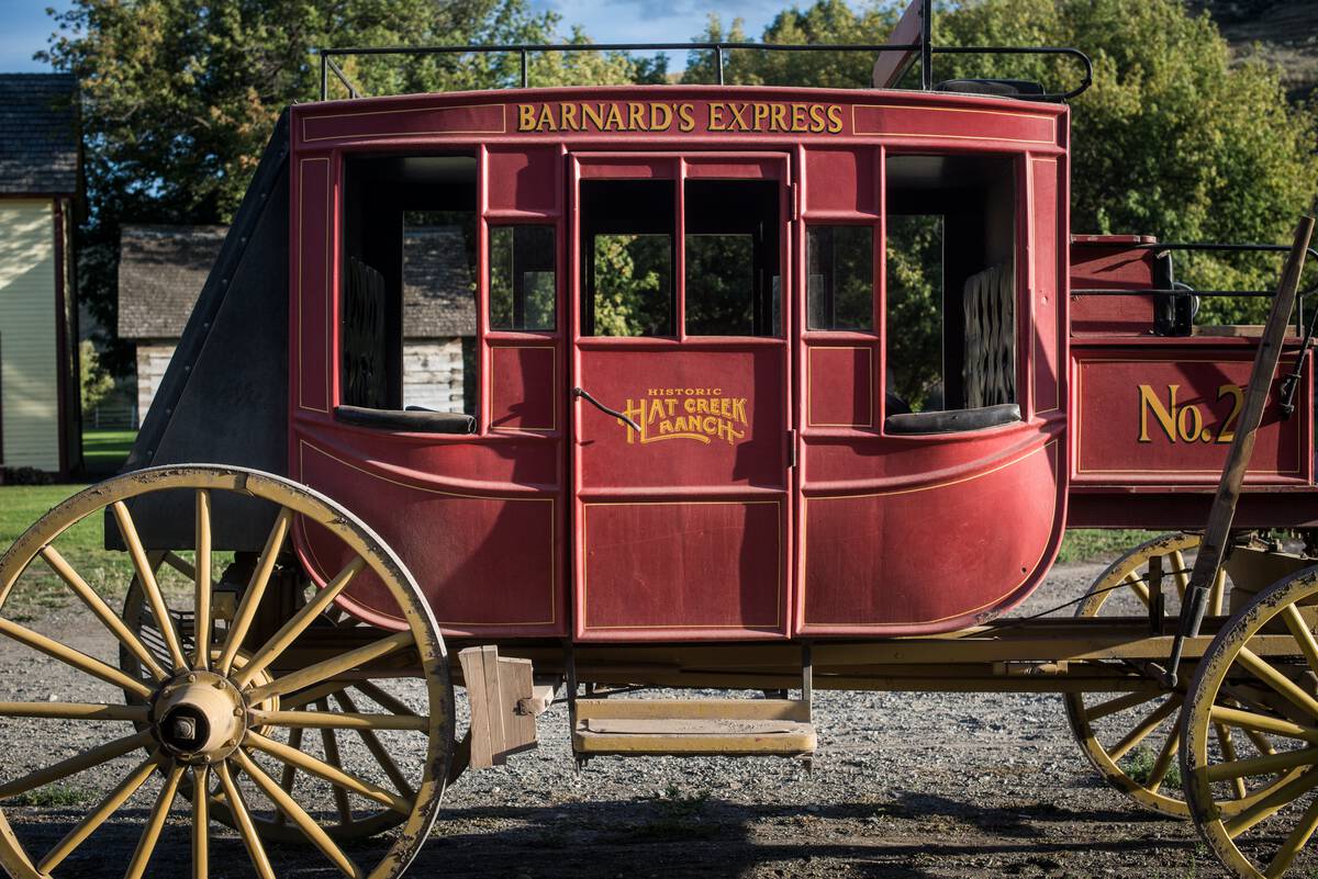 An old, red coach wagon at Hat Creek Ranch, near Cache Creek.