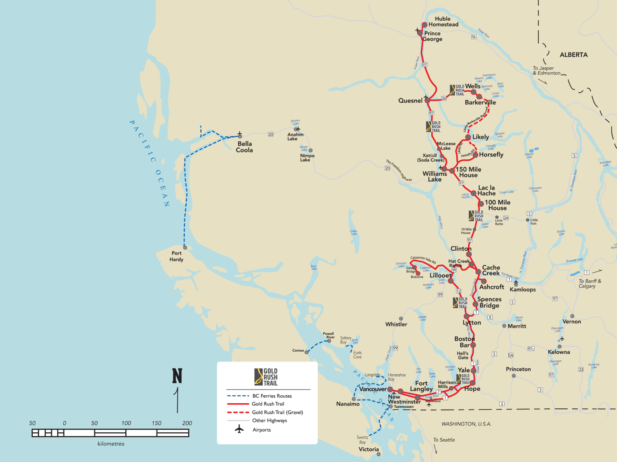 Map of BC highlighting the gold rush trail