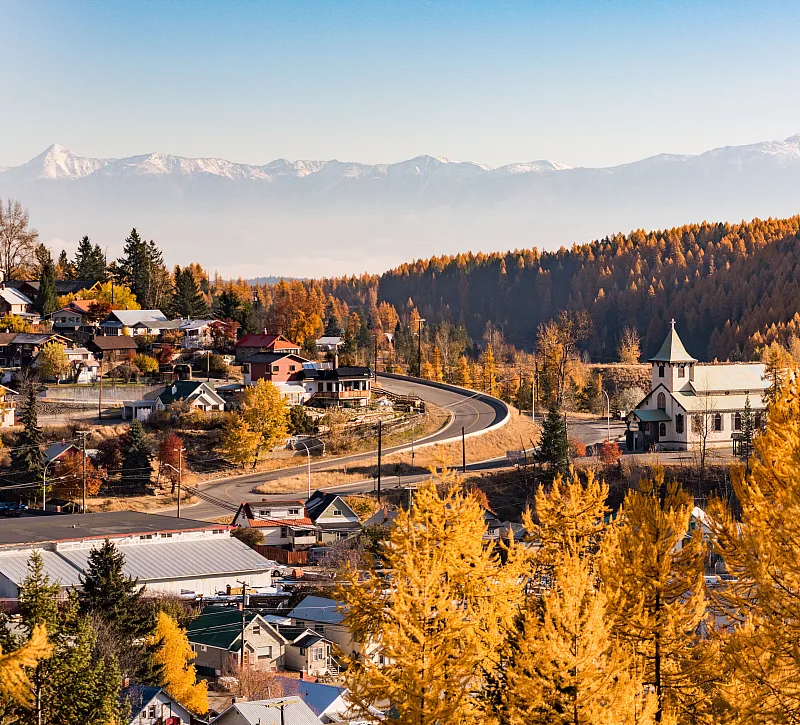 Golden larches surround the small community of Kimberley.