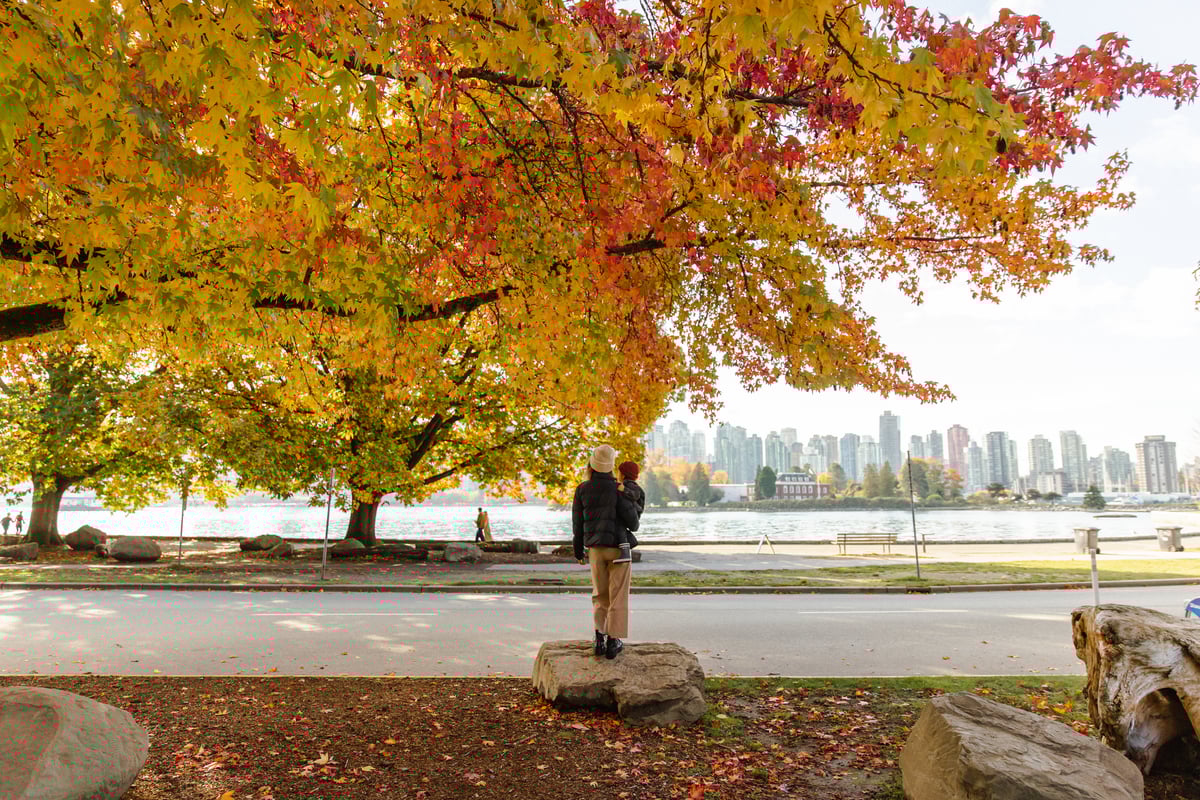 A person holds a child looking out at Stanley Park in Vancouver