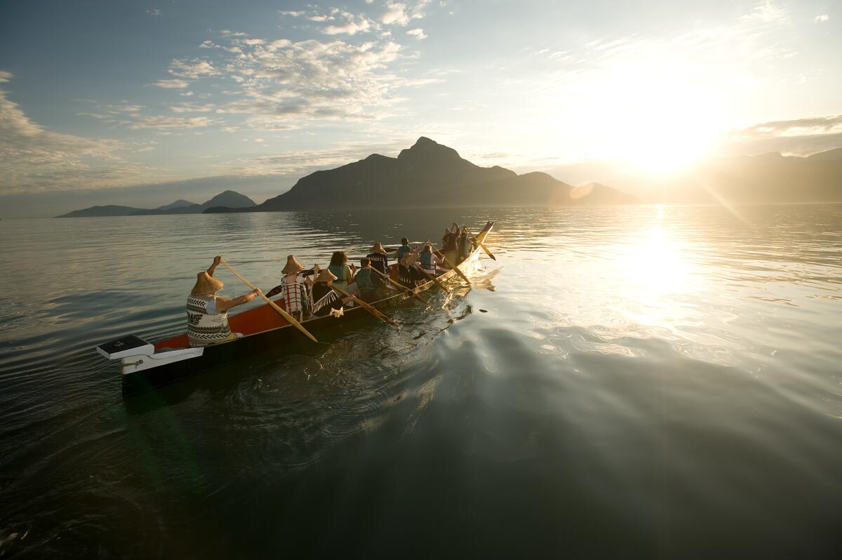 A group with Takaya Tours, rowing a traditional First Nations canoe in Howe Sound | Patrice Halley