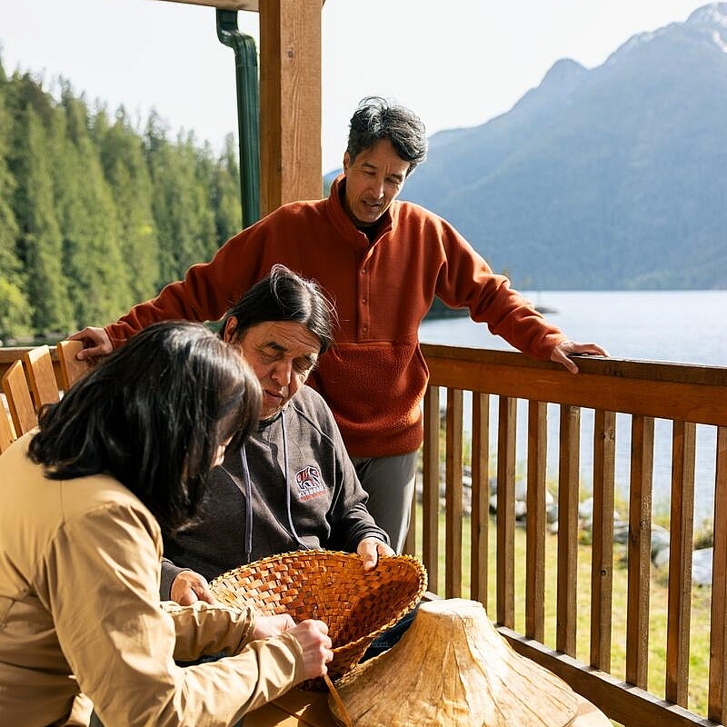Drei Personen sind auf einer Terrasse mit Blick auf eine Bucht. Ein*e Indigene*r Guide zeigt den anderen beiden, wie man einen Hut aus Zedernholz flechtet.